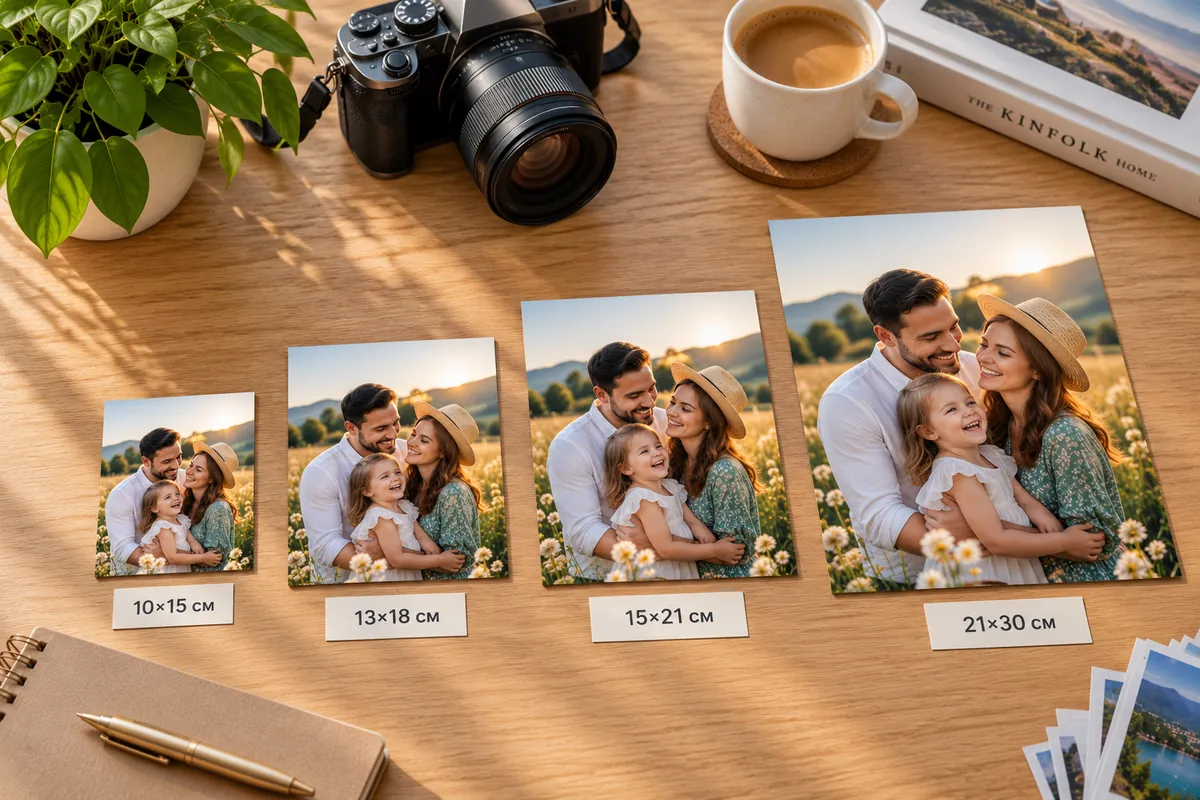 Фотографии 10×15, 13×18, 15×21 и 21×30 см рядом для сравнения размеров