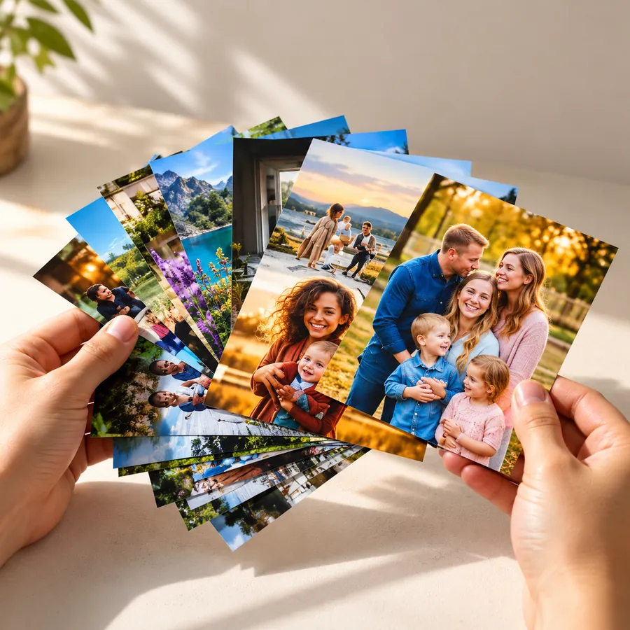 Пачка напечатанных семейных фотографий на фотобумаге FUJIFILM