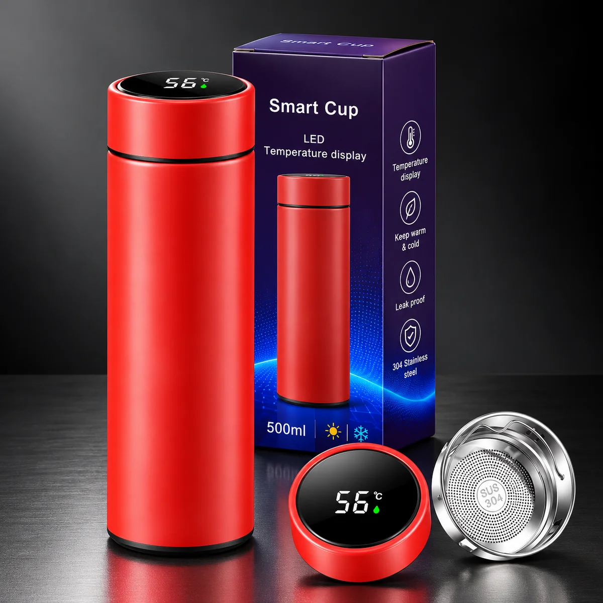Termos personalizat cu display roșu 500 ml