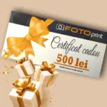 Card cadou Fotoprint în valoare de 500 lei, cu design festiv și fundă aurie
