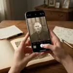 Fată fotografiază o fotografie veche deteriorată cu smartphone-ul