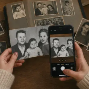 fotografiază o fotografie veche de familie cu smartphone-ul, pe masă cu album foto și imagini vintage – digitalizare fotografii vechi